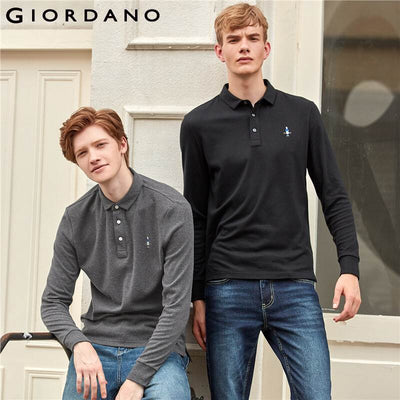 Giordano Men Polo Shirt Long Sleeve Embroidery Casual Tops For Men 100% Cotton Polos Para Hombre Ribbed Cuffs 01019782