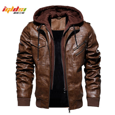 Men's Winter Warm Fleece Jackets and Coats Autumn Men Hat Detachable Leather Jackets Outwear Motorcycle PU Leather Jacket M-4XL