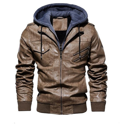 Men's Winter Warm Fleece Jackets and Coats Autumn Men Hat Detachable Leather Jackets Outwear Motorcycle PU Leather Jacket M-4XL