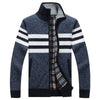 Autumn Winter Mens Sweaters Casual Striped Fleece Warm Cardigan Men Windbreaker Stand Collar Long Sleeve Sweater Hombre