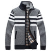 Autumn Winter Mens Sweaters Casual Striped Fleece Warm Cardigan Men Windbreaker Stand Collar Long Sleeve Sweater Hombre