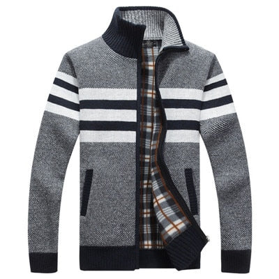 Autumn Winter Mens Sweaters Casual Striped Fleece Warm Cardigan Men Windbreaker Stand Collar Long Sleeve Sweater Hombre