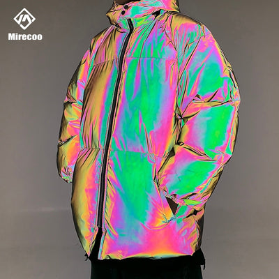 Winter Jacket Men Thick Rainbow Reflective Jackets Parka Coat Fashion Young Hip Hop Loose Jacket Streetwear Outwear Men Clothes