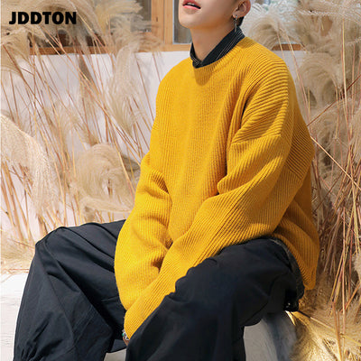 JDDTON Men's Autumn Hip Hop Solid Sweater Casual Clothing Style Loose Warm Streetwear O-Neck Knitting Pullover Male Sweat JE198